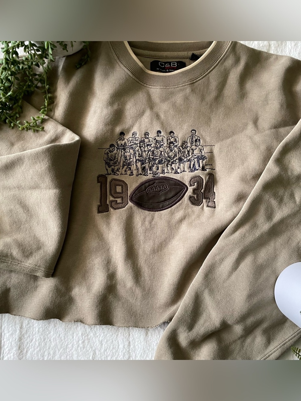croft & barrow Khaki cropped Crewneck Sweatshirt with Vintage Football Graphic